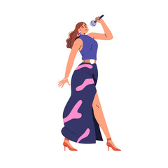 Female singer singing with microphone. Young woman vocalist performing song at concert, karaoke party. Girl with mic in hand, live performance. Flat vector illustration isolated on white background