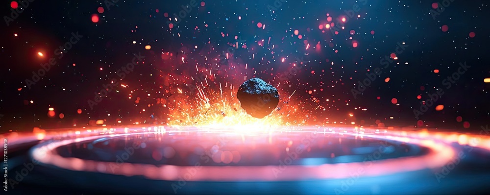 Poster asteroid impact idea. a glowing planet surrounded by fiery sparks in a cosmic environment.