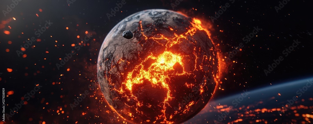 Poster asteroid impact idea. a stunning visual of a fiery, erupting planet surrounded by cosmic elements.