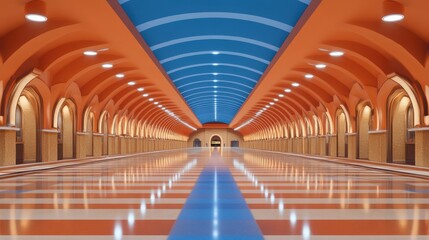 Fototapeta premium Elegant Arched Corridor With Blue Ceiling And Orange Walls