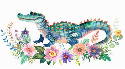 Cartoon crocodile is laying on a bed of flowers