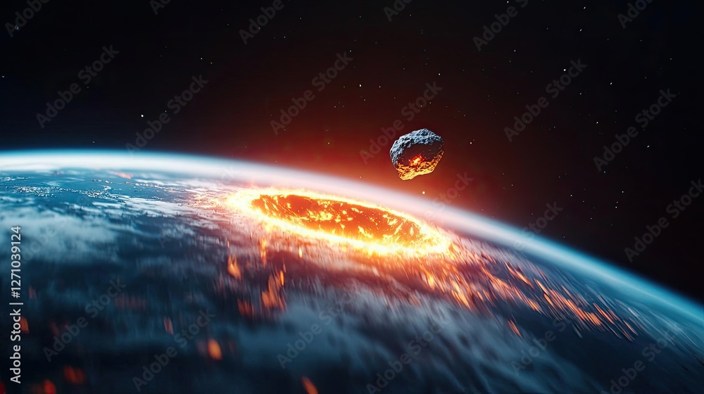 Poster Asteroid impact idea. Stunning view of Earth facing asteroid impact in outer space with fiery explosion.