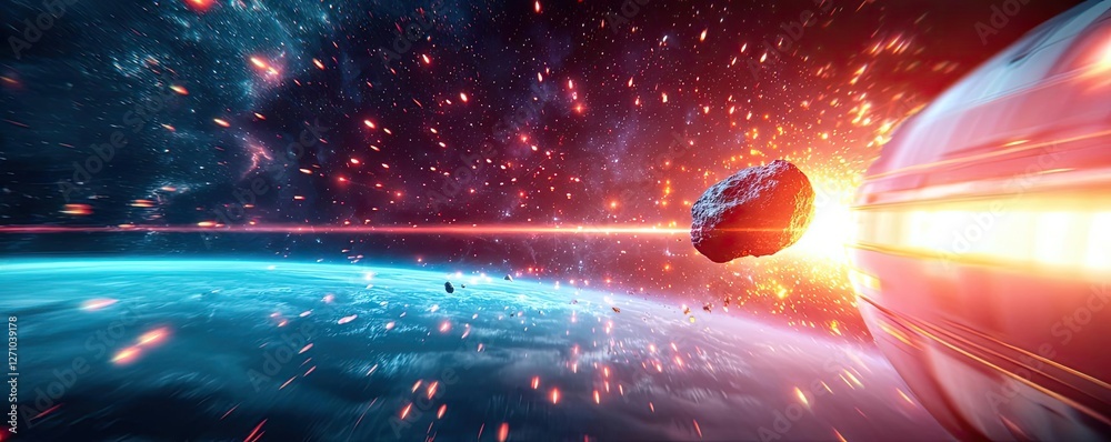Poster asteroid impact idea. a stunning view of cosmic phenomena, showcasing asteroids and vibrant nebulas 