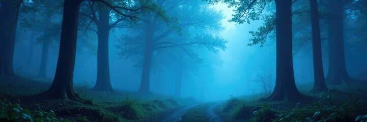 Obraz premium Softly glowing blue fog surrounds a mystical forest, forest, atmospheric