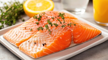 Fresh salmon fillets presentation adorned with herbs and citrus zest