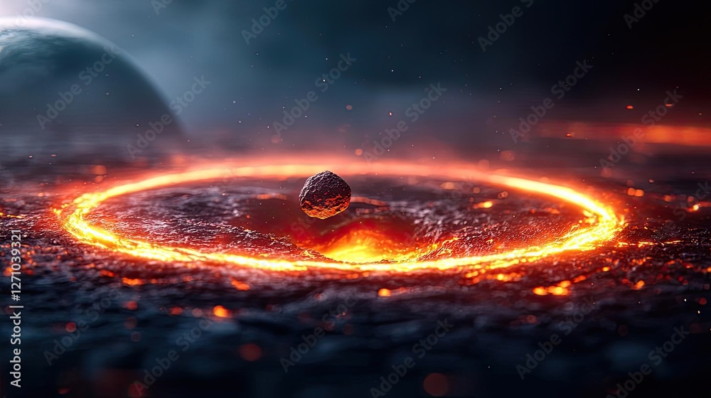 Poster Asteroid impact idea. A mesmerizing scene of lava flow creating glowing patterns in space.