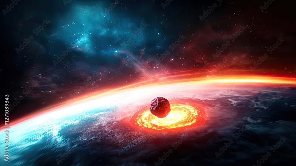 Poster asteroid impact idea. a stunning cosmic scene depicting a planet colliding with a fiery energy sourc