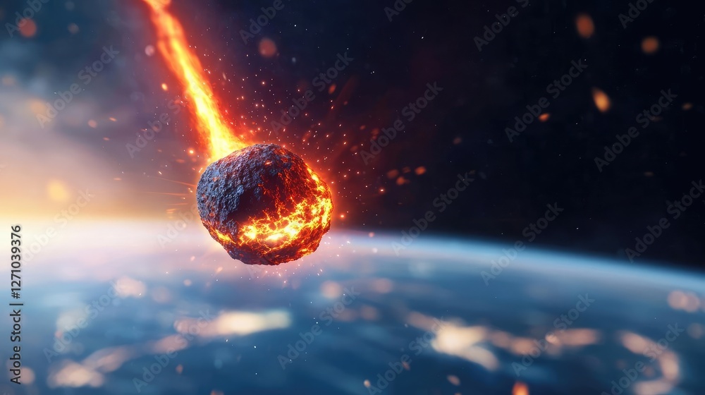 Poster asteroid impact idea. a stunning visual of a meteor entering earth's atmosphere, showcasing fiery tr