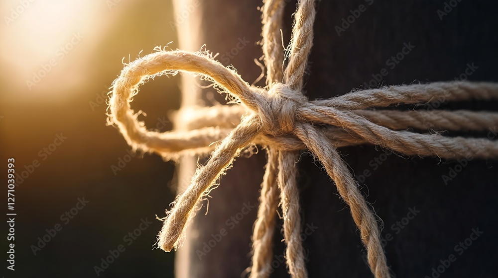 Poster close up of a beautifully tied natural rope knot in sunlight with a soft background : generative ai
