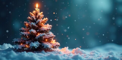 Fototapeta premium Snow-covered abstract Christmas tree with glowing advent candle and twinkling lights, snow-covered limbs, glowing candle
