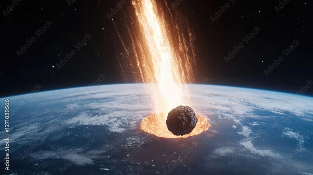Poster asteroid impact idea. a fiery asteroid entering earth's atmosphere, showcasing cosmic disaster and i