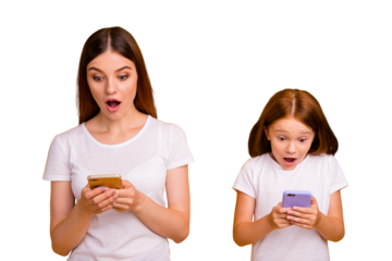 Close-up portrait of two nice amazed cheerful person using web 5g app isolated over bright vivid shine yellow background