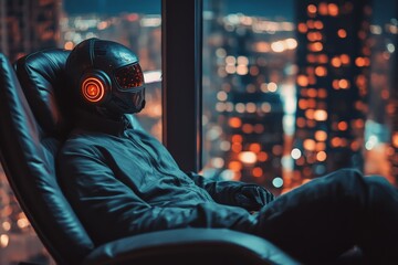 Obraz premium Futuristic figure in a sleek helmet relaxing in a high-rise room with city lights glowing at night