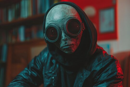 Mysterious figure in a dimly lit room with goggles and dark clothing creates an eerie atmosphere for a horror-themed event or photo shoot
