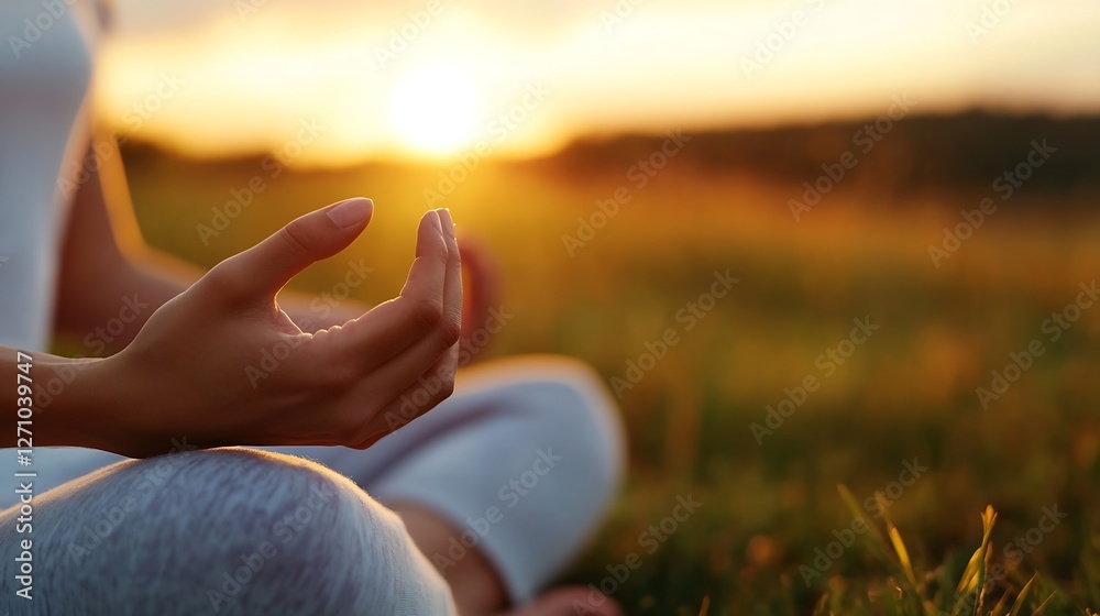 Poster serene meditation practice at sunset in a tranquil outdoor setting with soft natural light : generat