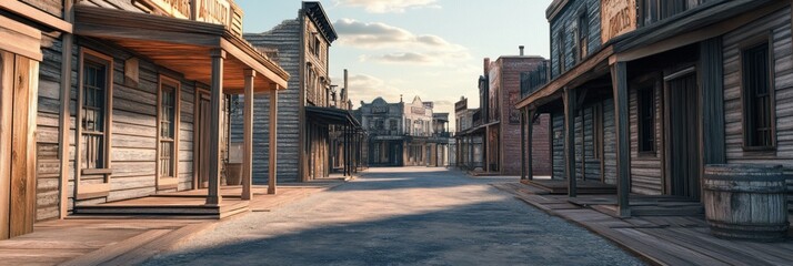 Obraz premium Wild West Town: 3D Illustration Rendering of Abandoned Street with Aged Wooden Buildings