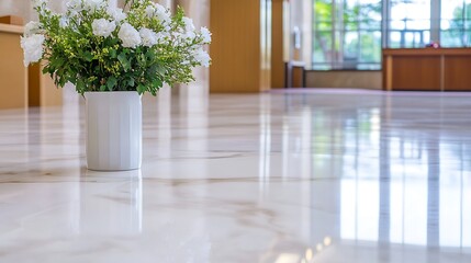 Elegant white flower arrangement in a modern interior space with glossy marble flooring : Generative AI
