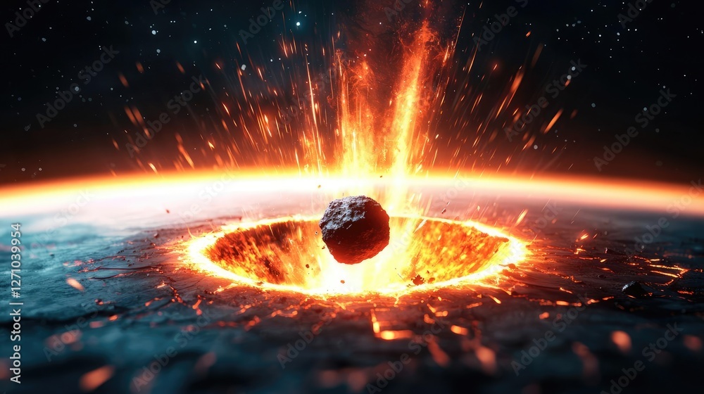 Poster asteroid impact concept. an asteroid collides with a planet, creating a dramatic explosion of fire a