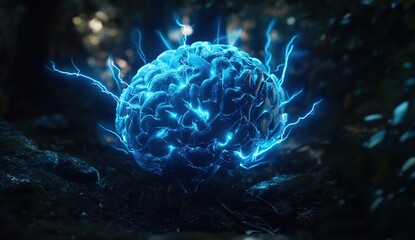 Obraz premium Glowing Brain Pulses with Energy: Exploring the Mysteries of Consciousness and the Power of Thought in the Dark Forest