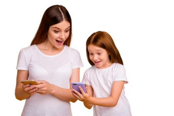 Close-up portrait of two nice amazed cheerful cheery glad person using web 5g connection isolated over bright vivid shine yellow background