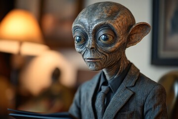 Unusual humanoid statue dressed in a suit, displaying unique features in a cozy indoor setting