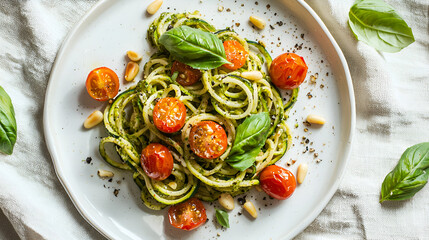 Zucchini noodles with cherry tomatoes, pesto, and pine nuts, a fresh and healthy vegetarian dish.