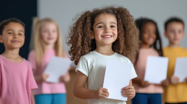 Happy children holding certificates in classroom setting for education achievement celebration