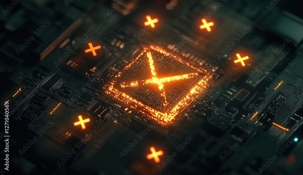 Poster exploring futuristic circuitry: glowing x marks innovation in digital technology, illuminating advan