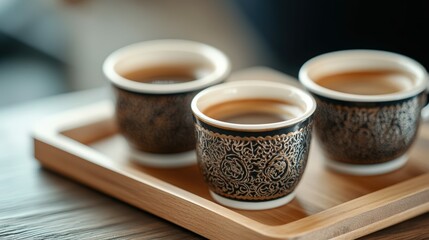 Traditional ceramic cups with coffee on wooden tray in cozy setting