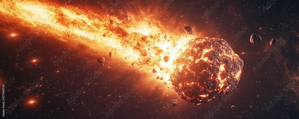 Aufkleber asteroid impact idea. a dramatic view of a comet streaking through space with fiery trails and cosmi