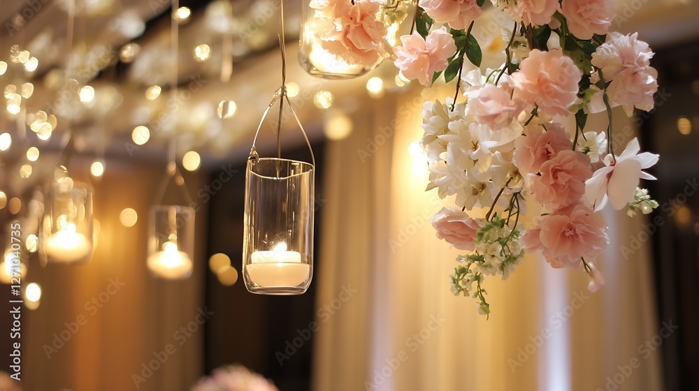 Poster Charming floral arrangement with hanging candles creating an enchanting and elegant event space : Generative AI