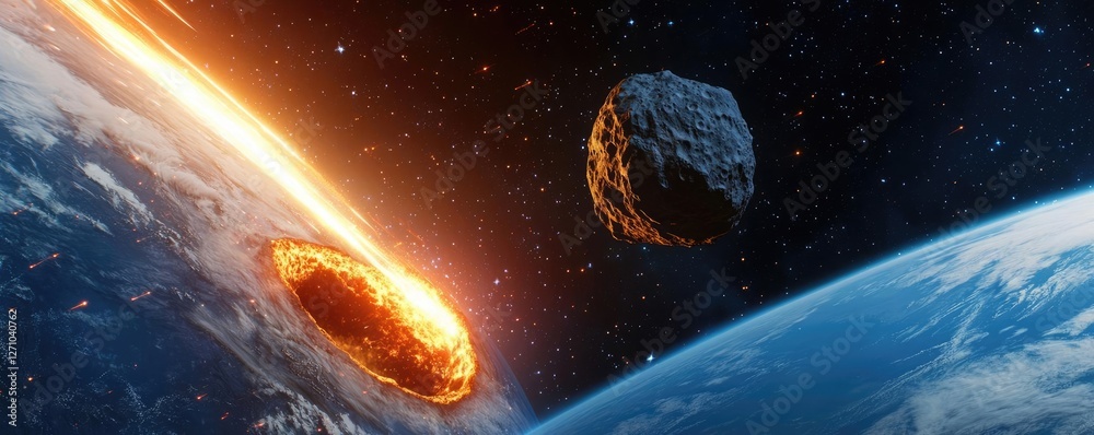 Aufkleber asteroid impact idea. asteroid approaching earth with fiery impact creating dramatic cosmic scene.