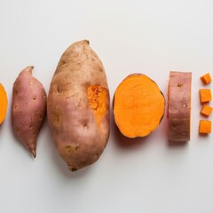 Sweet Potato Display: Whole, Halved & Sliced Close-Up