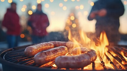 Winter outdoor barbecue gathering with grilled sausages under festive lights