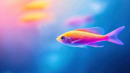 Fototapeta premium Vibrant tropical fish swimming in colorful underwater scene with blue and pink hues
