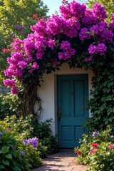 Purple bougainvillea vines intertwined with other plants and foliage, vine, nature