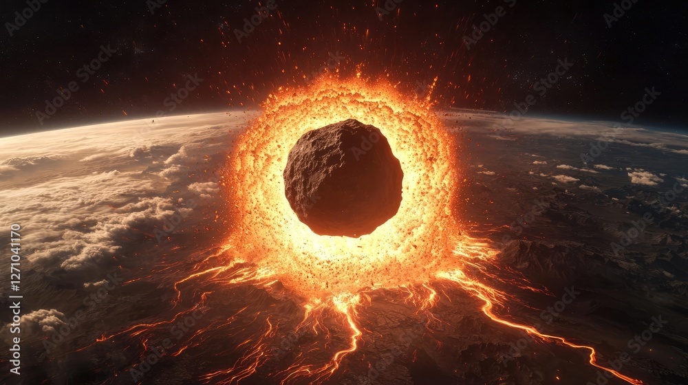 Poster asteroid impact idea. an asteroid colliding with earth, igniting fiery eruptions in the atmosphere.