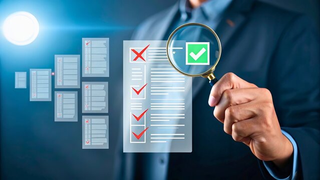 Businessman Using Magnifying Glass to Inspect Documents with Checkmarks and Crossmarks for Validation