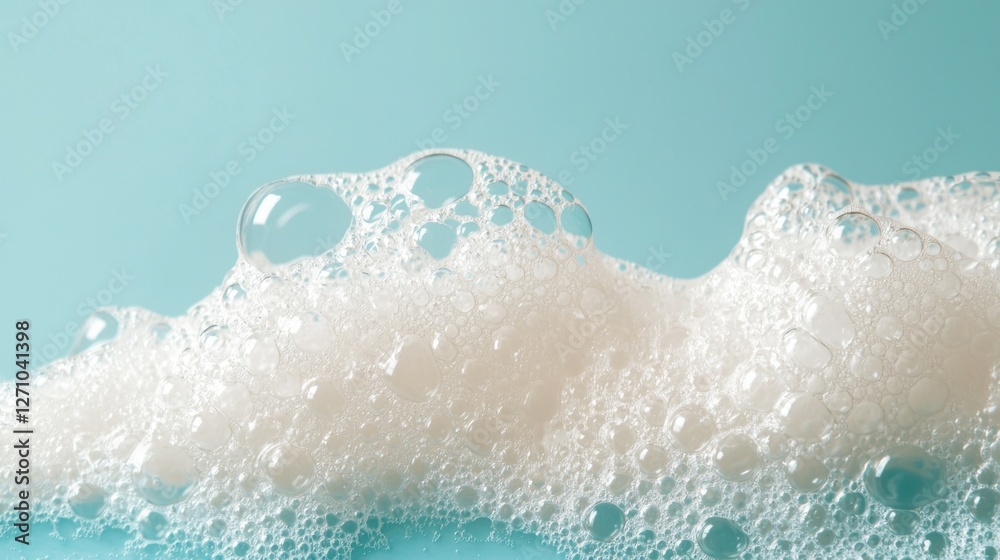 Poster a captivating display of soap foam bubbles rests gracefully against a soothing blue background, high