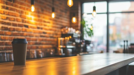 Cozy coffeehouse atmosphere with brick wall and warm lighting design