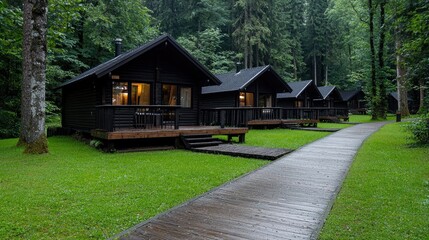 Fototapeta premium Forest cabins, pathway, tranquil getaway