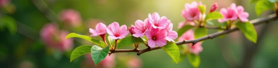 Obraz premium Pink flower clusters in soft focus with green foliage, nature, tree blossoms