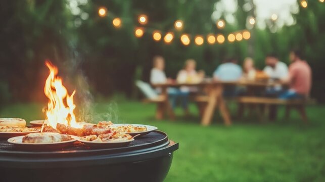 Summer evening barbecue party with friends relaxing outdoors