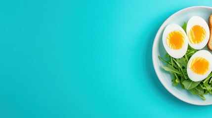 Fresh breakfast with boiled eggs and greens on vibrant blue background