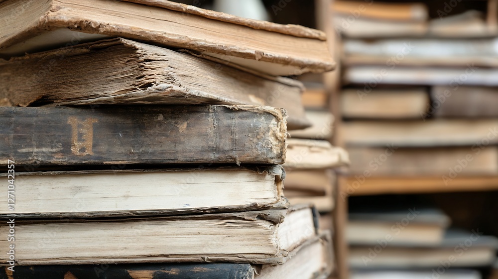 Poster stack of vintage books showcasing the beauty of literature and the passage of time in a warm setting