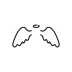 Angel wings icon. Drawing wing with halo, cute shining winged . Angels or birds, holy flying elements. Vector icon