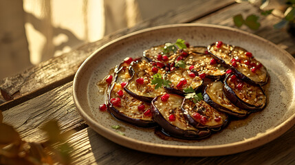 Grilled eggplant slices garnished with pomegranate seeds and sesame seeds on a plate.  Fresh and appetizing.
