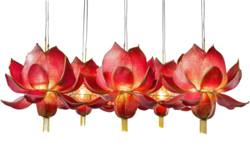Isolated Cluster of Red Lotus-Shaped Asian Hanging Lanterns