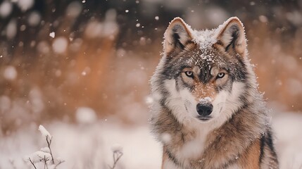 Obraz premium Majestic wolf in a snowy forest showing intense gaze with falling snowflakes : Generative AI