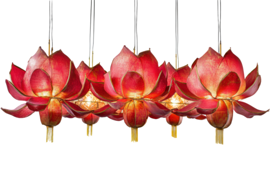 Isolated Cluster of Red Lotus-Shaped Asian Hanging Lanterns